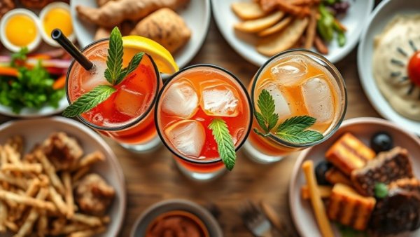 Vibrant drinks clinking at holiday brunch at Snooze table.