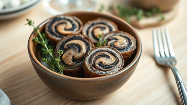 Mushroom-stuffed steak pinwheels in a ceramic bowl with thyme garnish.
