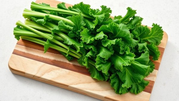 Fresh kale leaves on the cutting board for salad preparation.