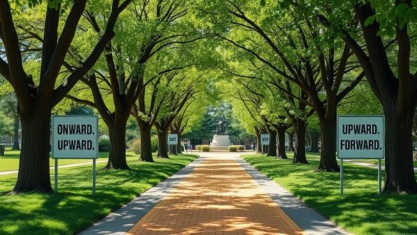 Kentucky State University pathway with motivational signs and yellow brick walkway.