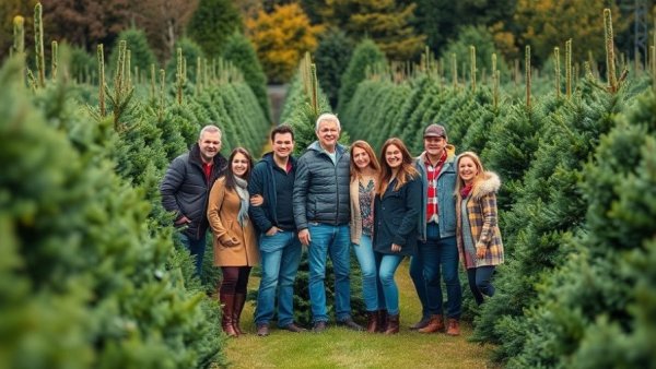 Festive scenes at Houston Christmas tree farm with smiling groups.