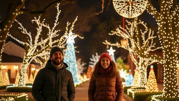 River Oaks Christmas Lights display with festive decorations and illuminated trees.