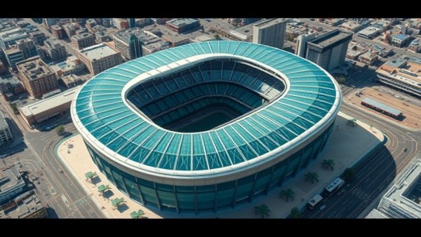 Aerial view of a modern stadium in an urban setting.