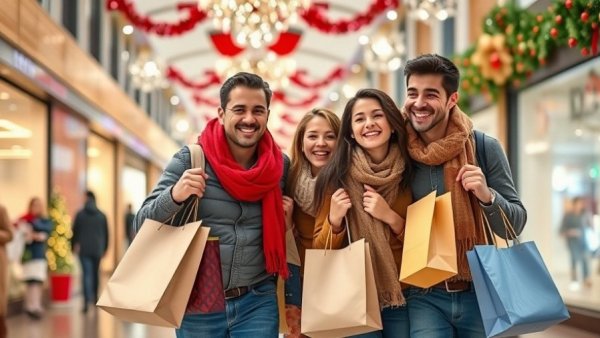 Houston holiday spending decline illustration with happy family shopping.