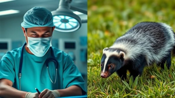 Rabies transmission through organ donation depicted with surgeon and skunk.
