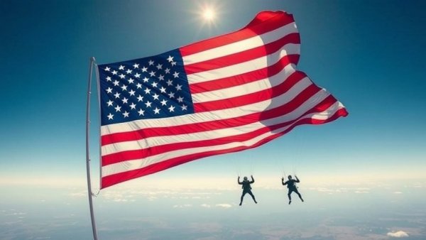 Skydivers with giant American flag in record jump, clear sky.