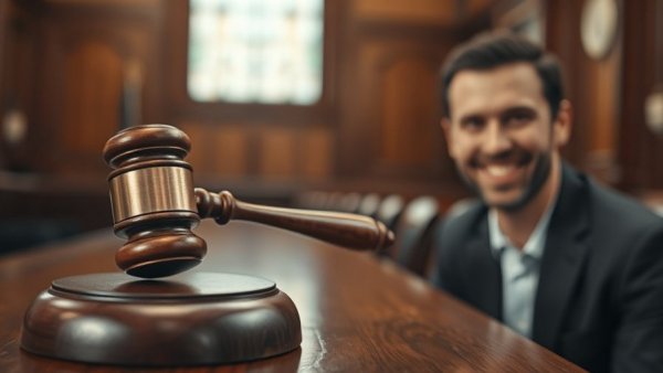 Gavel contrasts with smiling portrait for news theme.