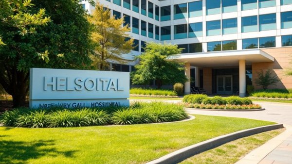 Hospital entrance with landscaped greenery and welcoming sign, promoting community health and wellness.