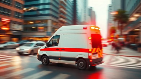 Ambulance speeding through city at night with motion blur, emergency scene.