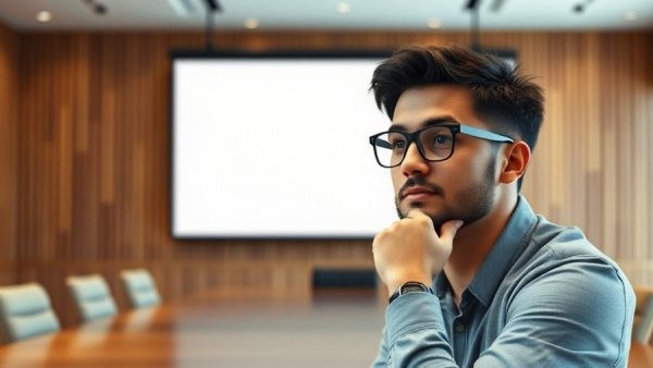 Thoughtful young man in conference room, reflecting on health and wellness.