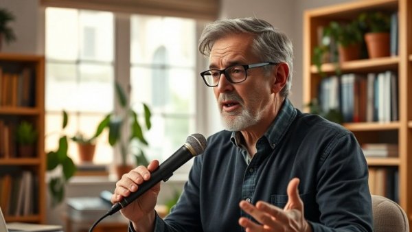 Mid-aged man discussing healthy aging tips in a cozy study.