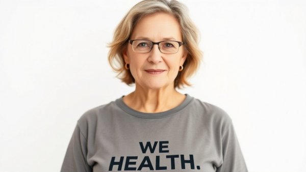 Middle-aged woman discussing mental health for seniors, positive message on shirt.