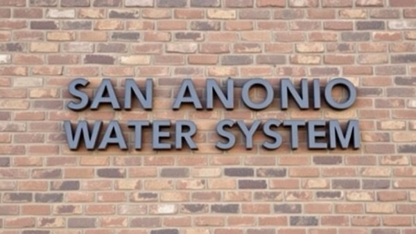 San Antonio Water System sign on brick wall, daytime.