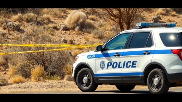 San Antonio police vehicle parked at crime scene in dry area, body discovered.
