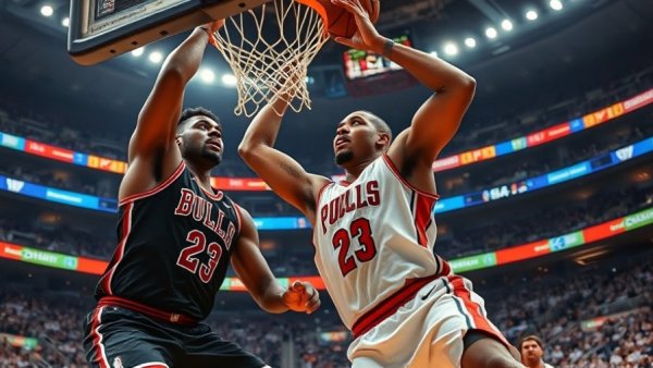 Intense NBA action shot capturing top play near hoop.