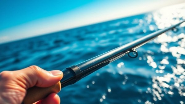 Fishing rod held over ocean waves on a sunny day, illustrating Texas fishing scenarios.