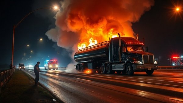 Tanker truck fire incident in Houston involving sulfuric acid under streetlights.