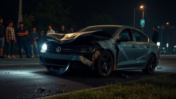 Houston traffic fatalities: car accident scene with damaged vehicle and onlookers.