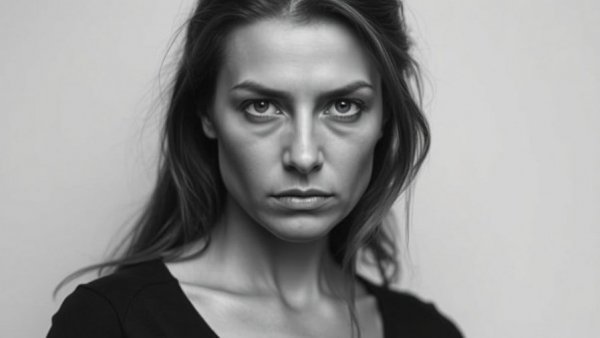 Monochrome portrait of a serious woman, neutral expression.