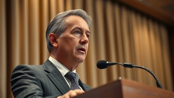 Middle-aged man speaking at a podium about expanding House map and targeting G.O.P. seats.