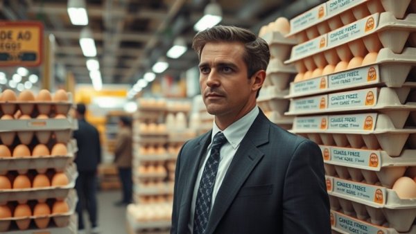 Lowering Egg Prices Act: Man in suit and egg cartons.