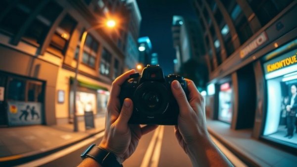 Blurry street scene from body camera perspective, urban night lighting.