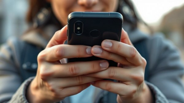 Hands holding smartphone in outdoor setting for smartphone-free childhood discussion.