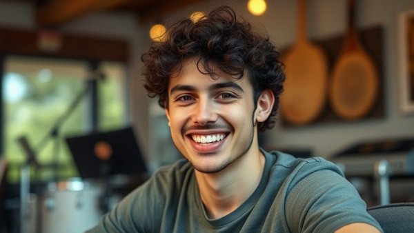 Casual young man smiling in an indoor setting related to Sombr rise to fame.