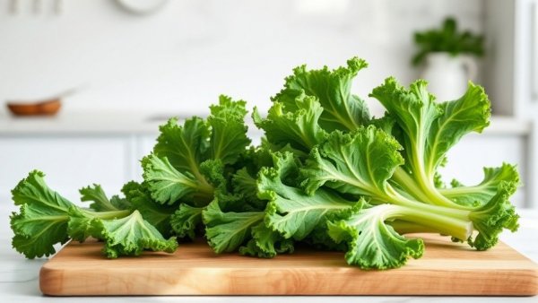 Fresh kale on a cutting board highlighting the nutritional potential of kale.