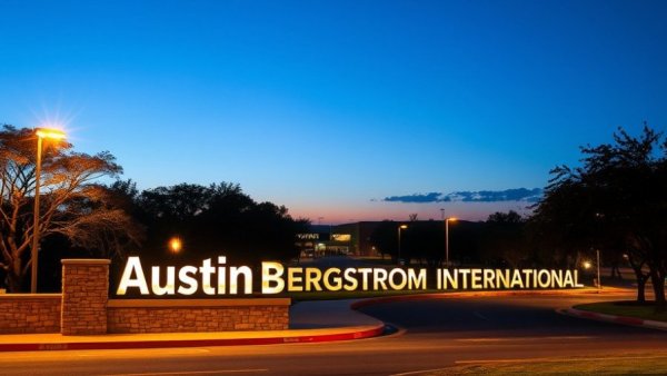 Night view of Austin airport entrance sign with twilight sky.