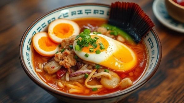 Hearty bowl of ramen with rich toppings on a wooden table.