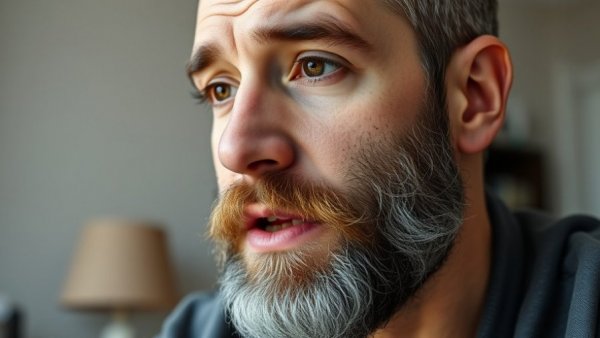 Close-up of a bearded man speaking in video call with text overlay.