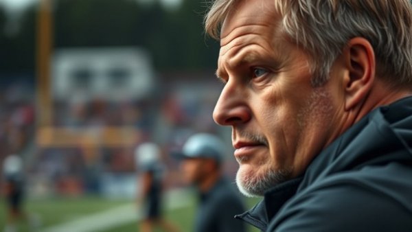 Notre Dame Fighting Irish coach contemplating strategy at a sports event.
