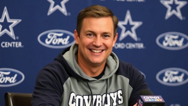 Middle-aged man at press conference, Dallas Cowboys logos visible.
