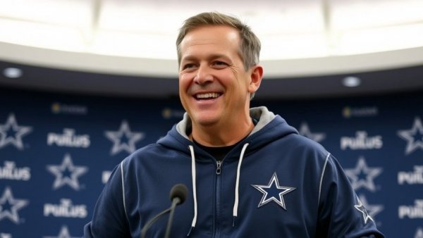 Dallas Cowboys coach discussing team strategy at press conference.