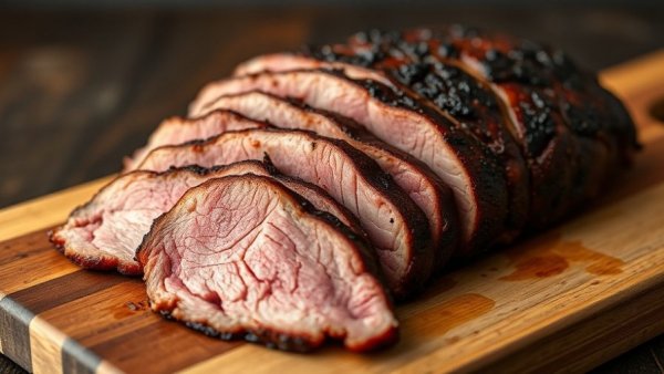 Smoked brisket on wooden board for Pecan Lodge Christmas Catering.