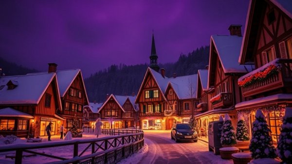 Enchanting European-style village illuminated with festive lights, showcasing a Christmas destination in Texas.