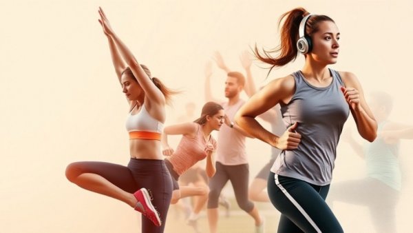 2025 fitness trends collage showcasing yoga, running, massage, and weightlifting.