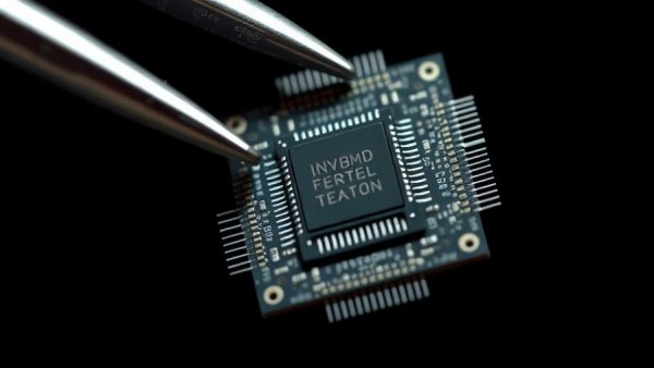 High-tech microchip for brain-computer interface being held by tweezers.