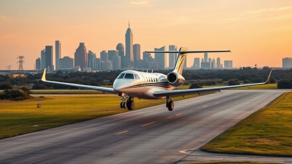 Jet landing amidst Dallas business aviation expansion backdrop.
