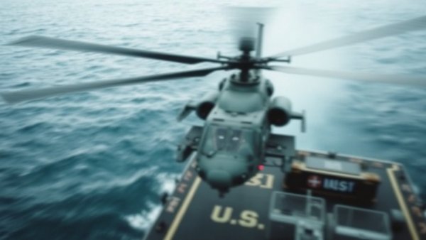 US seizing oil tanker off Venezuela, aerial view of helicopter operation.