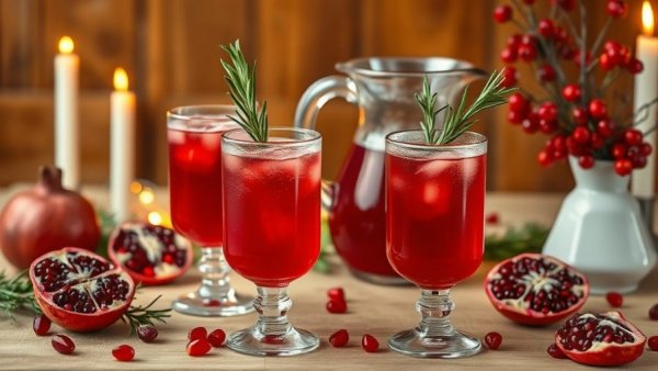 Rustic holiday table with pomegranate drinks, highlighting holiday celebration authenticity.