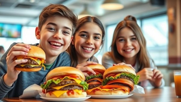 Adolescents enjoying burgers indoors, highlighting ultra-processed foods.