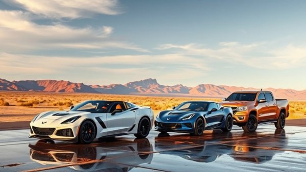 Limited edition Corvettes and trucks in a desert setting.