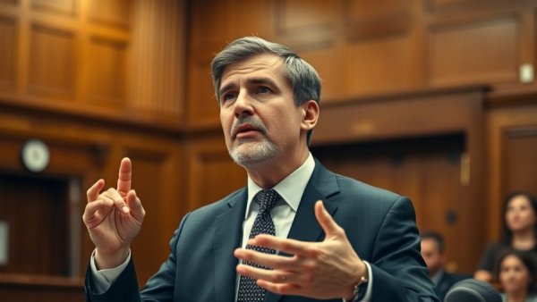 Engaging individual discussing Supreme Court decisions in courtroom.