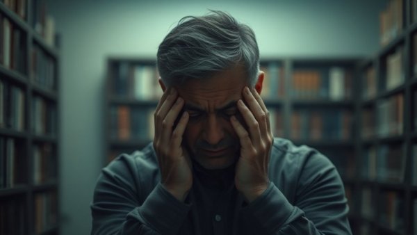 Middle-aged man in distress holding head in dark room.