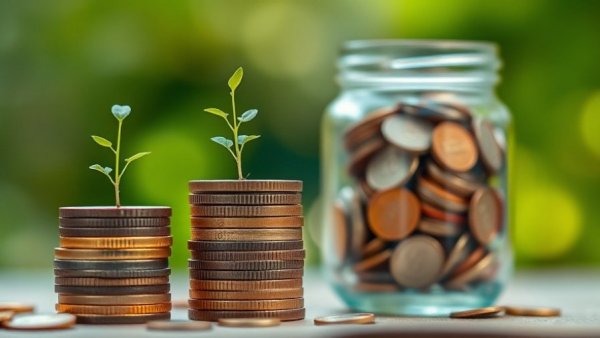 Health savings accounts concept: coins with plants sprouting.