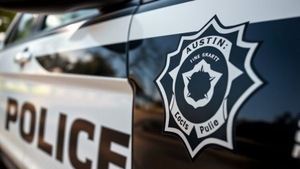 Close-up of Austin Police car door with logo and motto.
