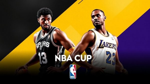 Spurs vs. Lakers NBA Cup highlights cover with players.