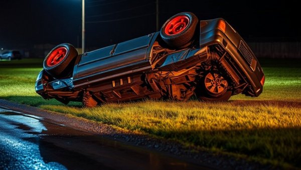 Eastex Freeway rollover accident scene at night.